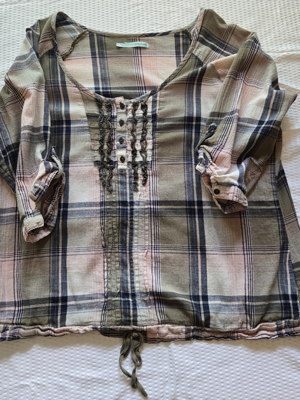Maurices Pink, Olive & Navy Plaid 3/4 Sleeve Top Size XXL